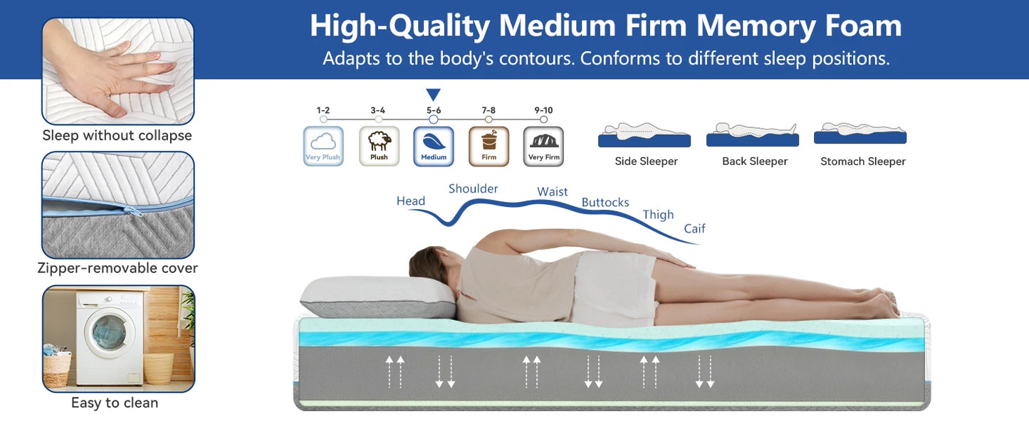 Ljustra 12 Inch Queen Size Memory Foam Mattress for Back Pain Relief