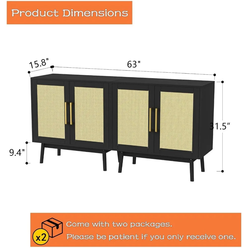 Sideboard Buffet Cabinet Set of 2 Rattan Storage for Kitchen Hallway