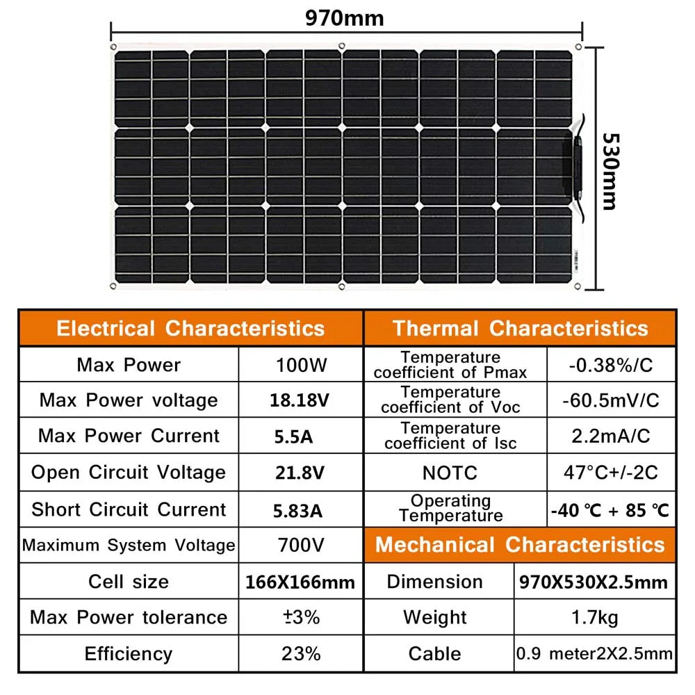 100 Watt Flexible Solar Panel Monocrystalline 12V 24V Battery Charger