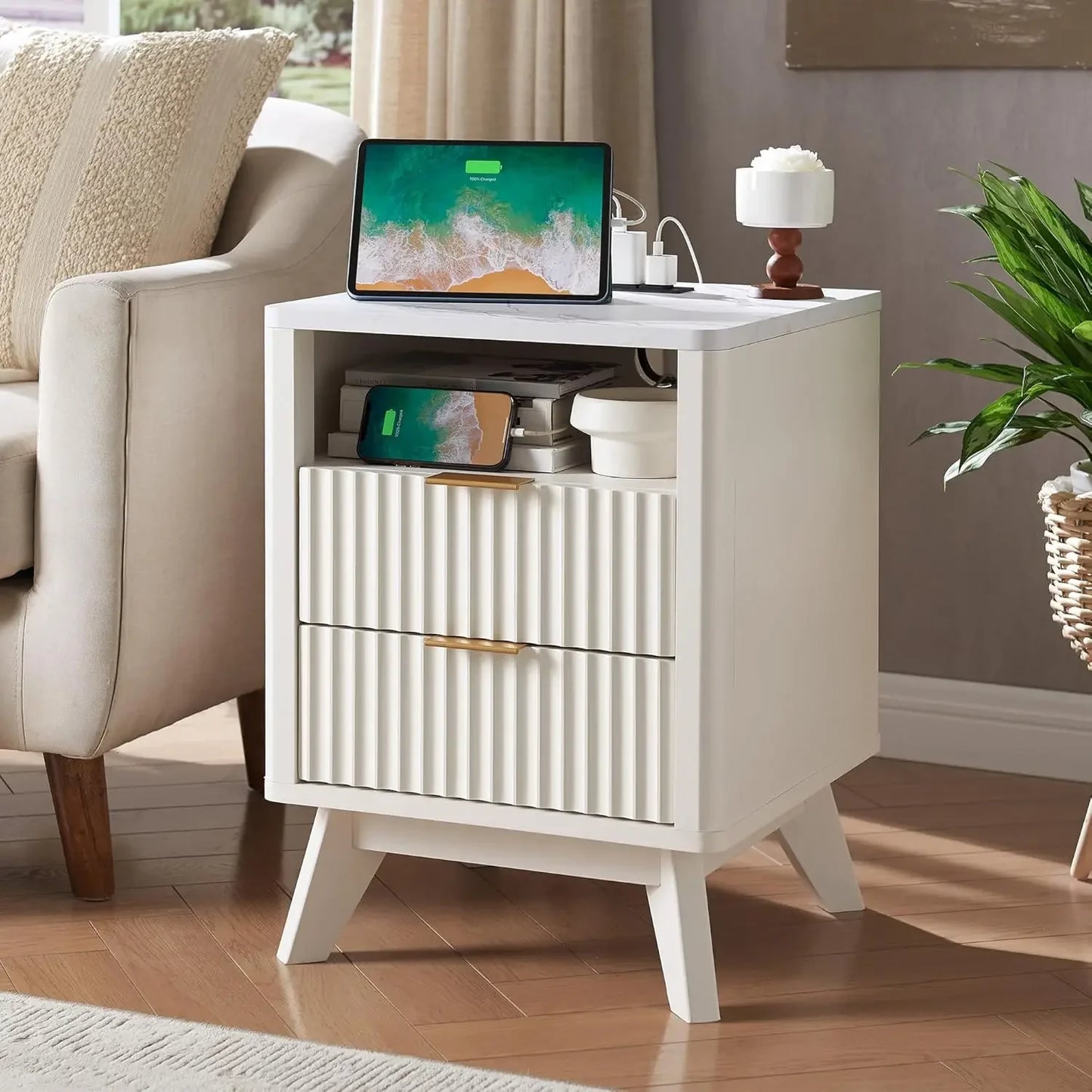 Fluted Nightstand with Charging Station 18" Modern Side Table 2 Drawers