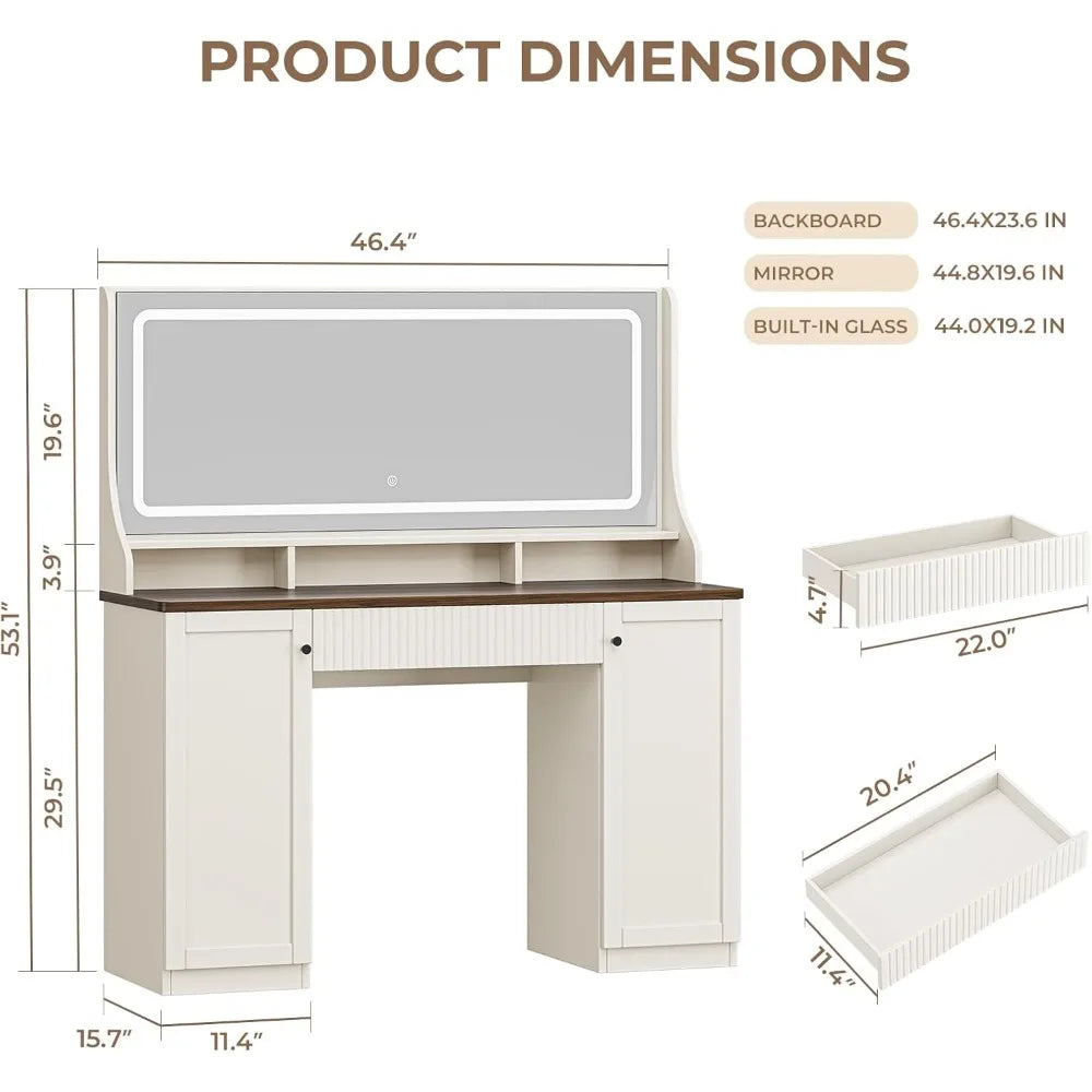 46.5 Inch Makeup Vanity Desk with Mirror LED Light and Storage Cabinets
