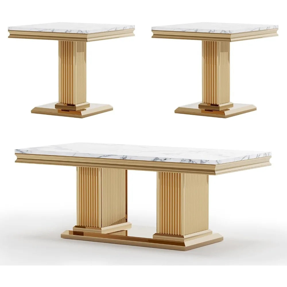 Modern White 3-Piece Living Room Table Set Faux Marble Stainless Steel