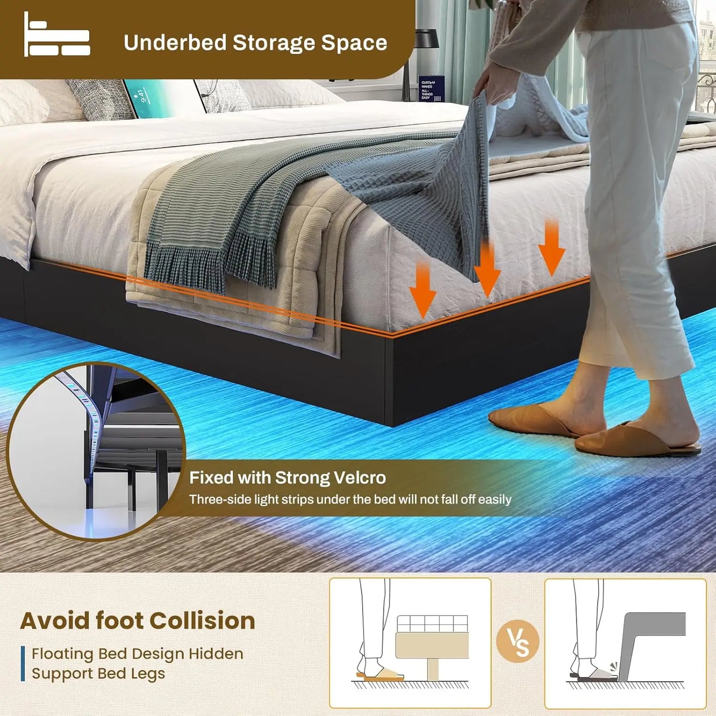 Full Floating Bed Frame with LED Lights Headboard Storage Full Size