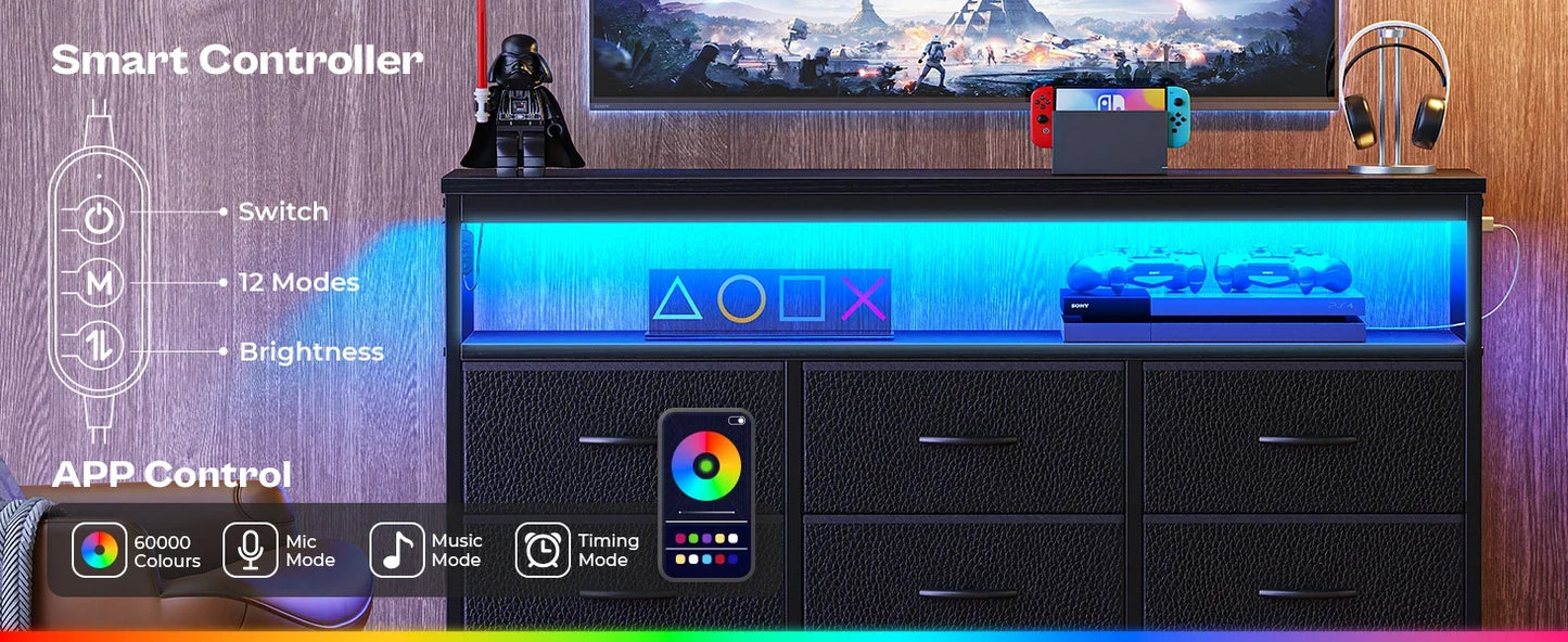 LED TV Stand 47 Inch Fabric Dresser with Power Outlets and 6 Drawers