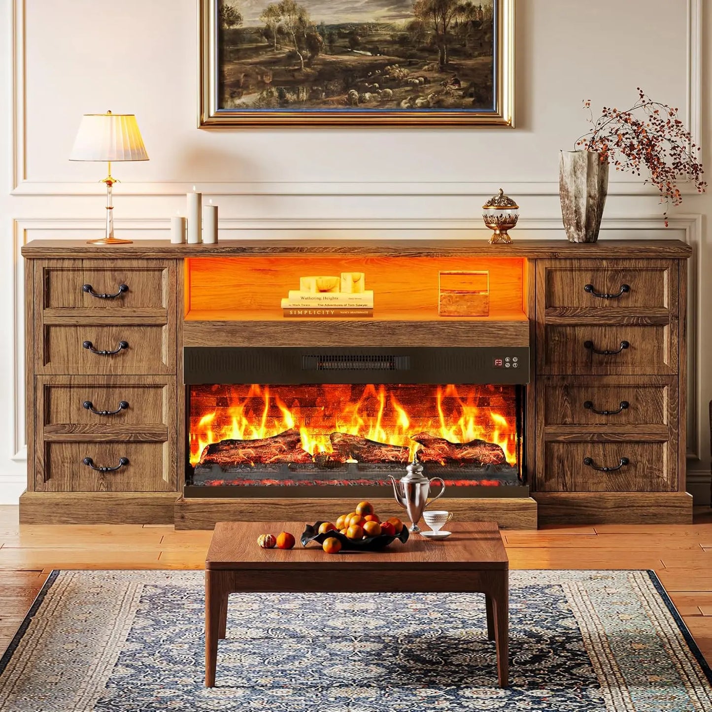 Fireplace TV Stand for 75 Inch TV 3-Sided Glass Entertainment Center