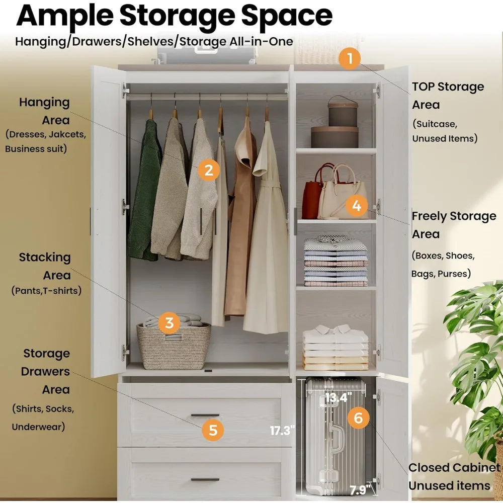 Freestanding Wardrobe Closet Tall Armoire 3 Doors with Shelves and Drawers