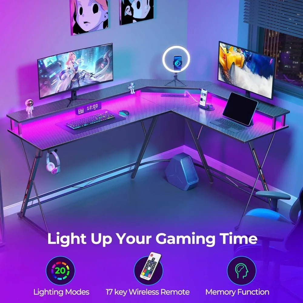 L Shaped Gaming Desk with LED Lights Power Outlets Monitor Stand