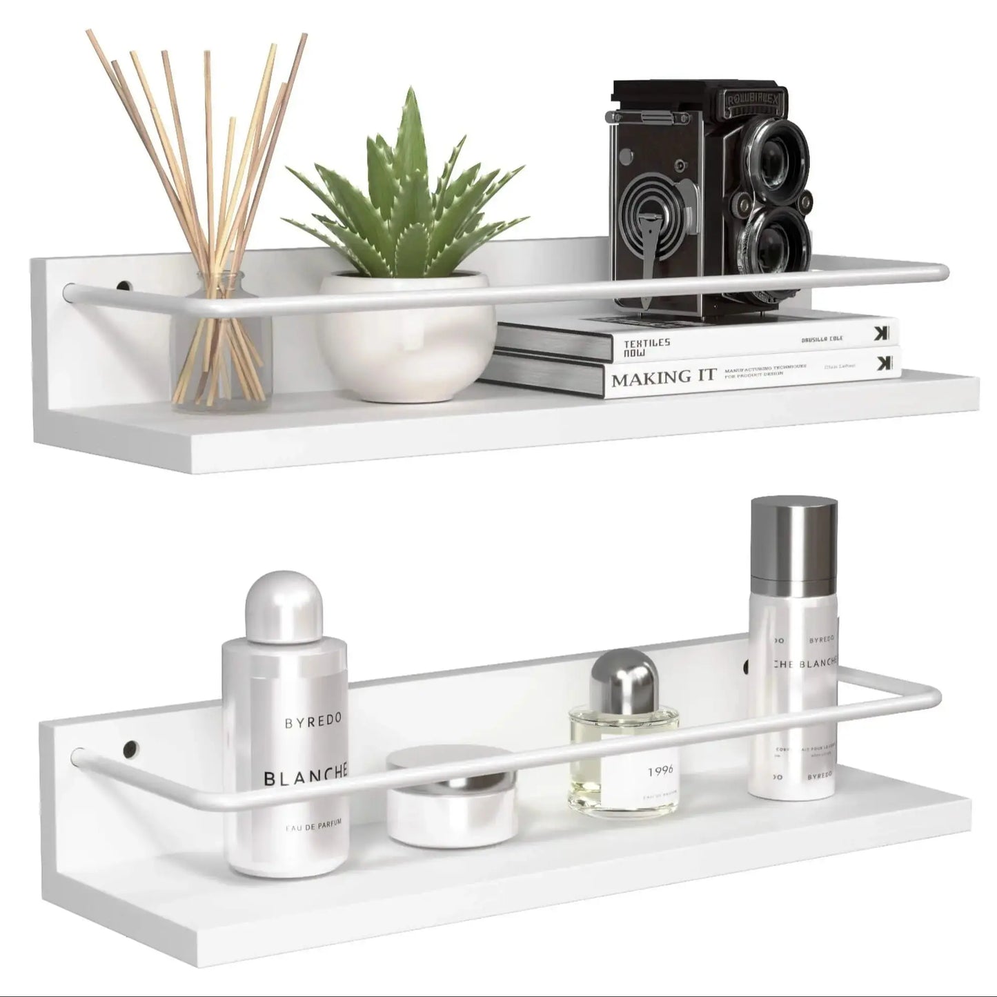 Floating Black Shelves with Metal Guardrail Set of 2 Modern Bathroom Storage