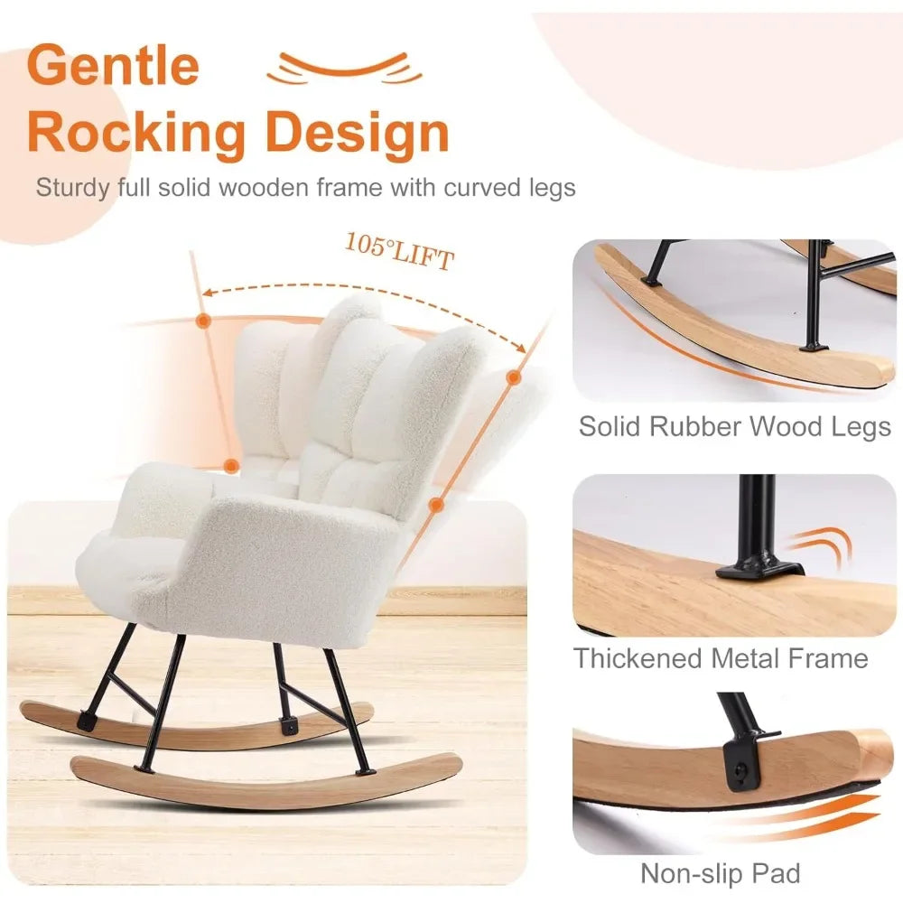 Rocking Chair Nursery Teddy Upholstered Glider High Backrest Reading Chair