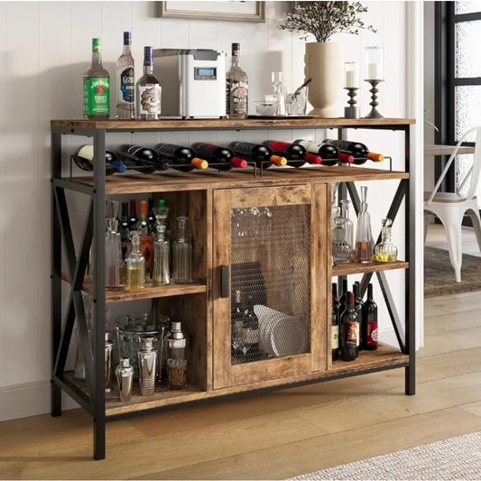 Industrial Wine Bar Cabinet Metal Wood Cart Liquor Storage Glass Holder