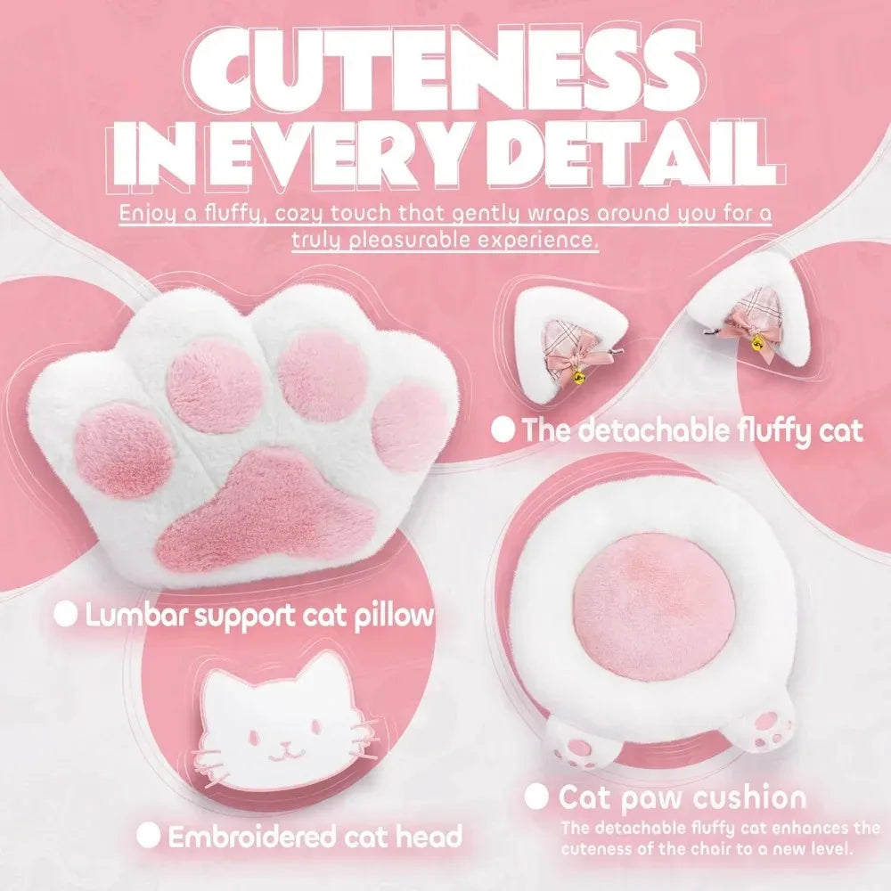 Cute Gaming Chair with Cat Ears Lumbar Cushion Ergonomic Footrest Reclining