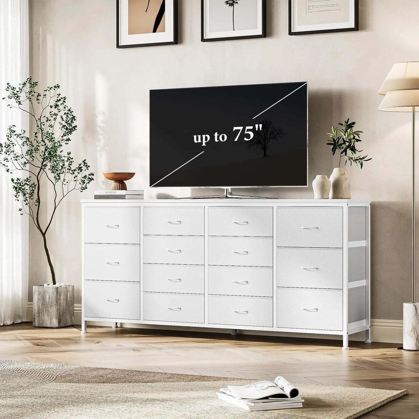 63 Inch 14 Drawer Dresser TV Stand with Power Outlet for 75 Inch TV