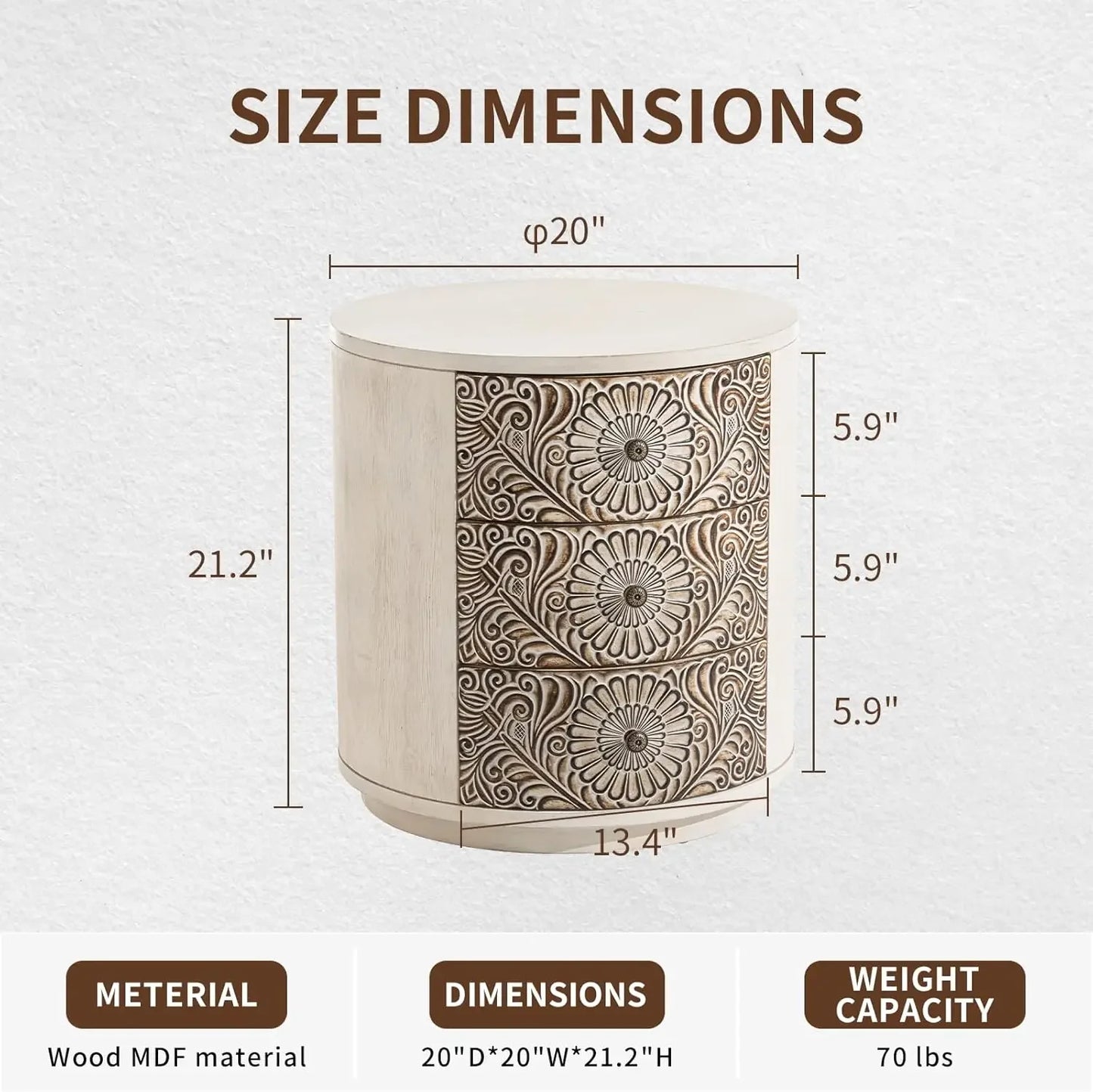 3 Drawer Chest Storage Cabinet Round Nightstand Bedside Table MDF