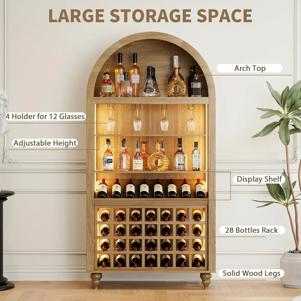 Arched Wine Bar Cabinet 71" Tall Modern Liquor Cabinet with Charging Station