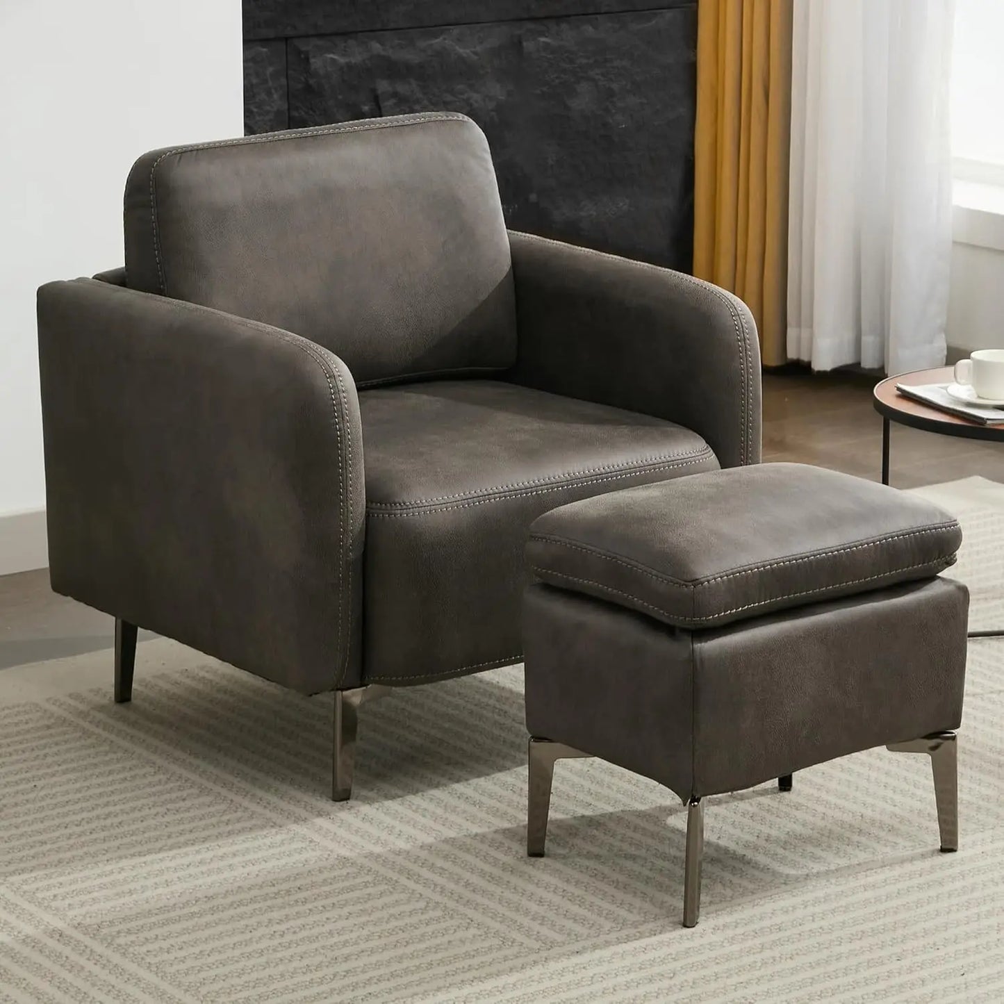 Accent Chair with Ottoman Mid Century Modern Upholstered Leather Armchair