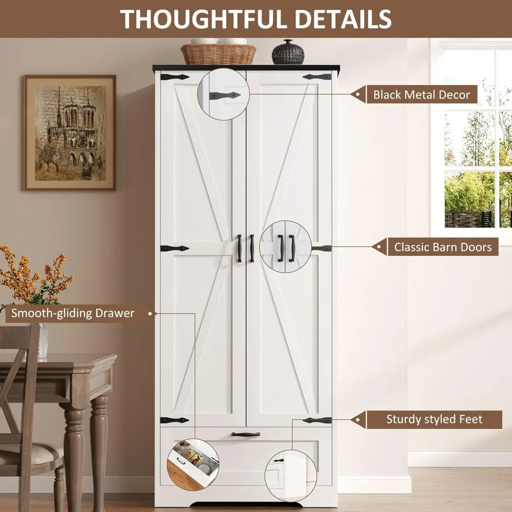 Kitchen Pantry Storage Cabinet Barn Doors 4-Tier Rustic Wood Cupboard