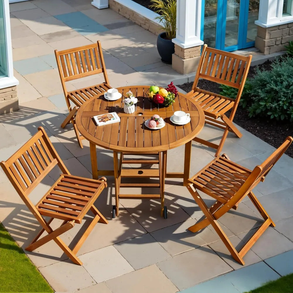 5 Piece Outdoor Acacia Wood Patio Dining Set Round Folding Table Chairs