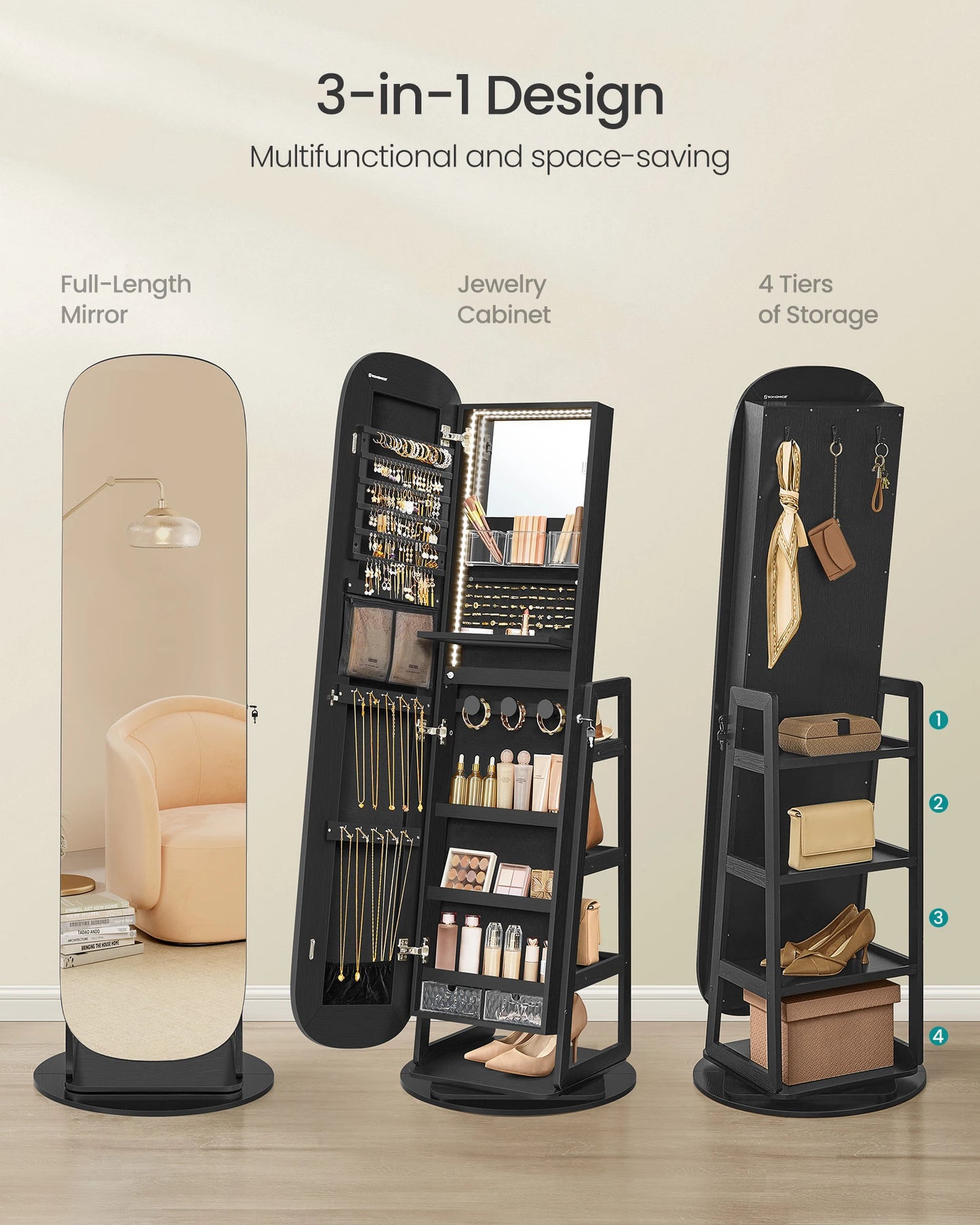 Ljustra LED Jewelry Cabinet 360 Swivel Organizer Lockable Mirror