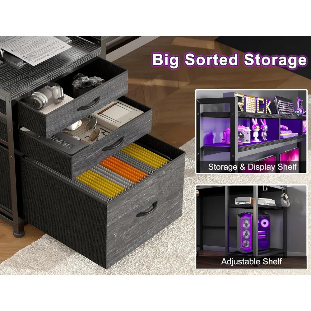 Large L Shaped Gaming Desk with Hutch Drawers Storage LED Light