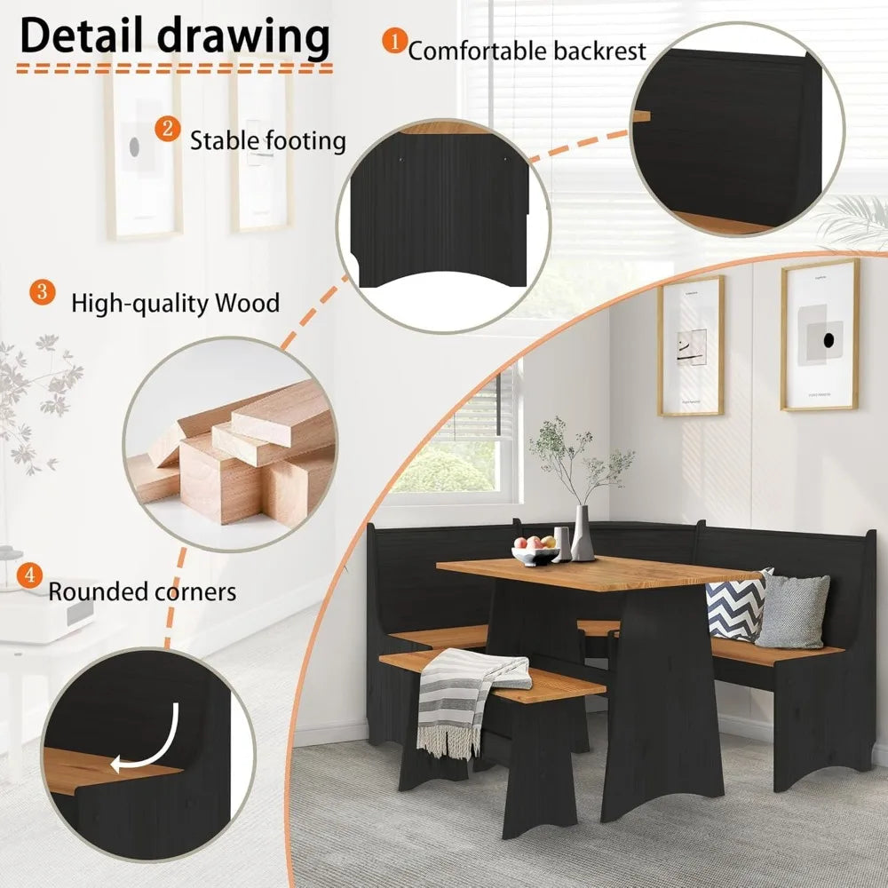 Breakfast Nook Corner Dining Table Set Space-Saving for 5 People