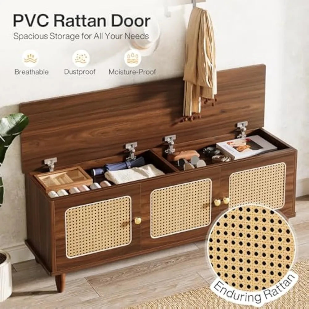Ljustra Shoe Bench Lift Top Storage 2-Tier Entryway Cabinet Rattan Doors