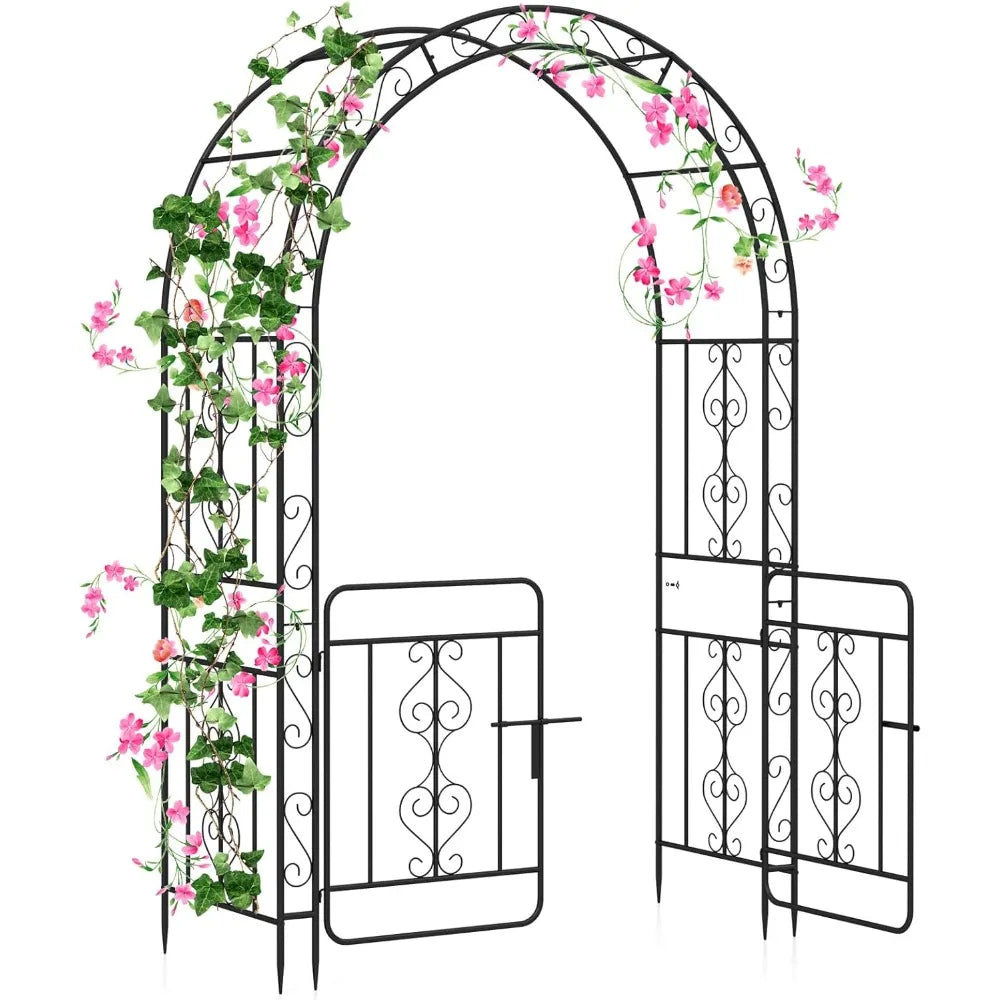 Garden Arbor with Gate Metal Arch Trellis for Climbing Plants 84" H