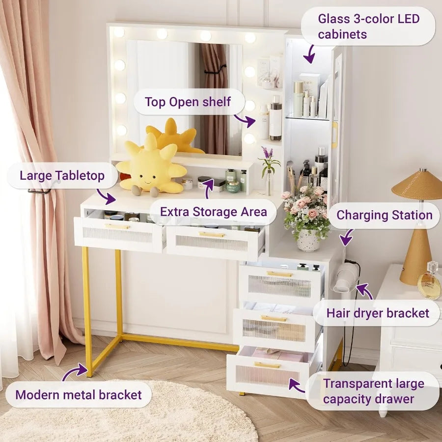 Women Vanity Desk with Mirror and Lights Makeup Table 5 Drawers 40 Inch