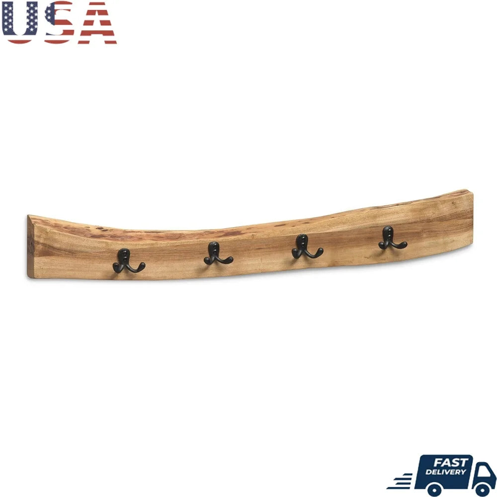 Natural Live Edge Acacia Wood Coat Hooks Unique Design Flush Mount
