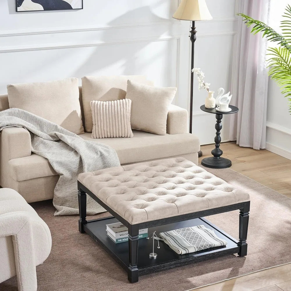 Large 35 Inch Square Storage Ottoman Coffee Table with Tufted Top