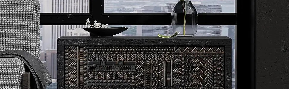 3 Drawer Farmhouse Dresser Geometric Carved Pattern Vintage Accent Chest