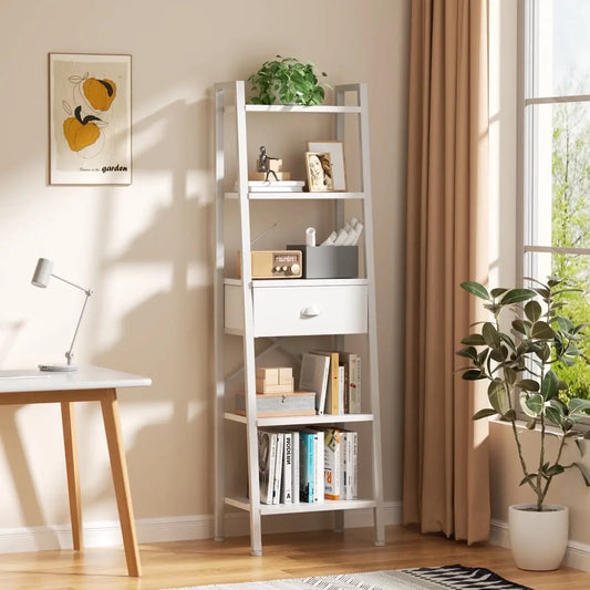 5-Tier Ladder Bookshelf Narrow Bookcase with Removable Drawers Living Room