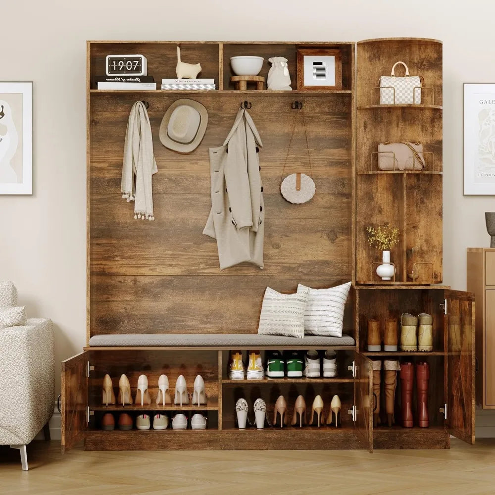 79 Inch Hall Tree Bench Shoe Storage Coat Rack Mirror Entryway Organizer