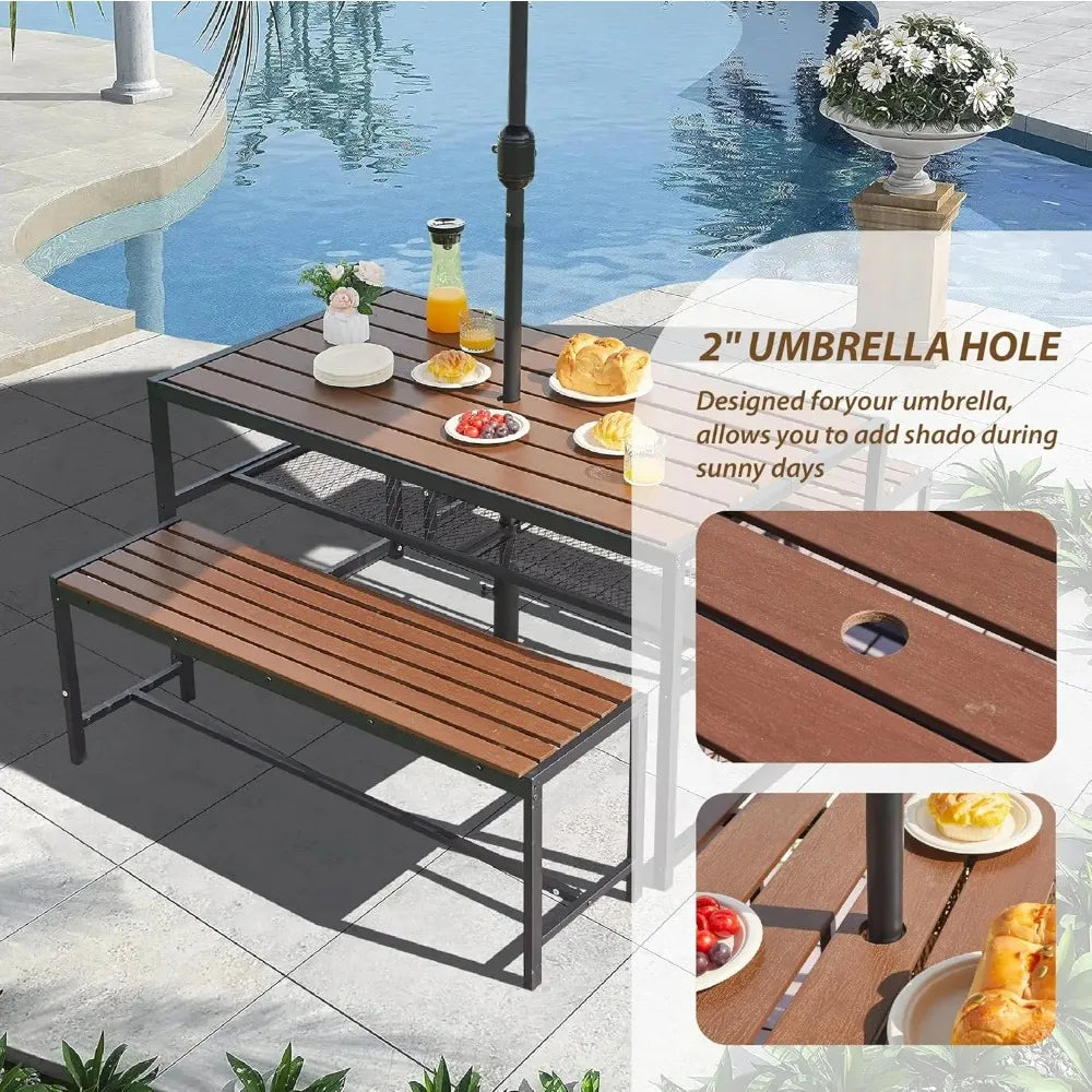 Outdoor Picnic Table Set with Umbrella Hole and Storage Shelf for 6