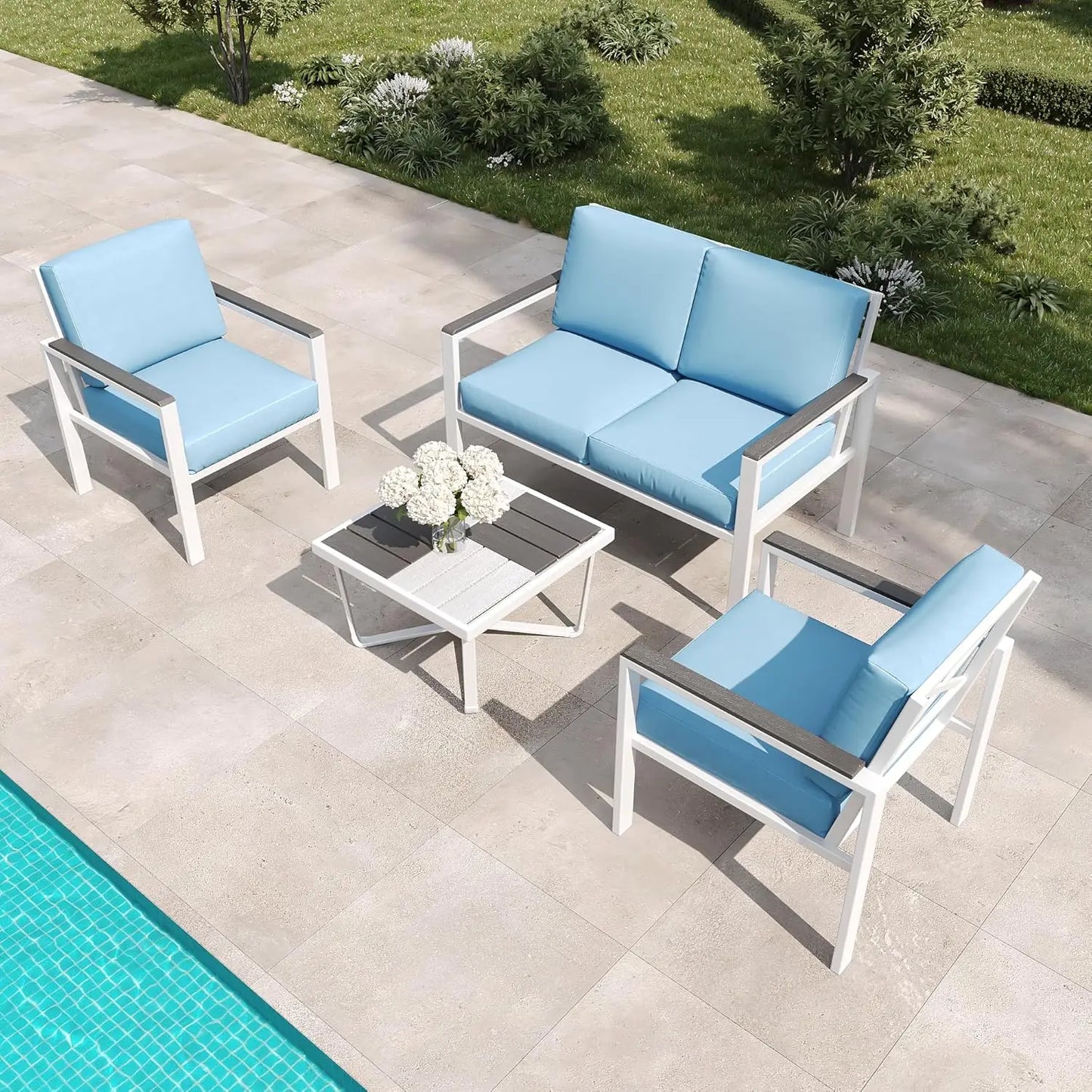 Ljustra 5-Piece Modern Patio Furniture Set with Fire Pit Table and Cushions