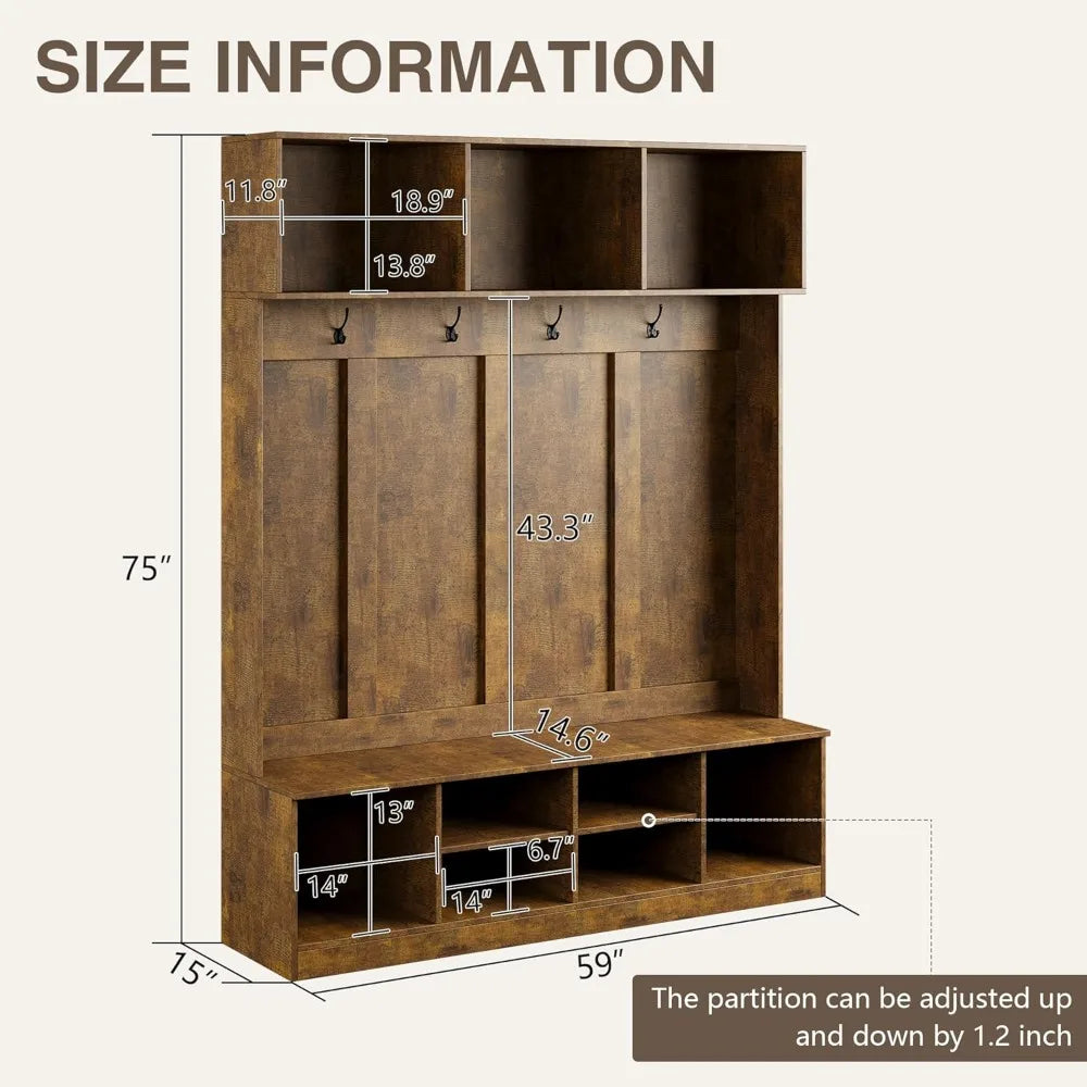 Home Hall Tree Entryway Bench Shoe Storage Coat Rack Organizer