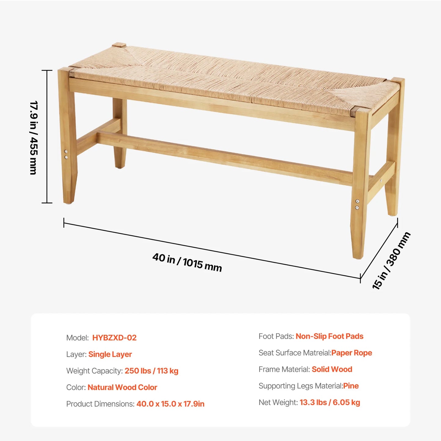 Ljustra Rattan Bench Entryway Seating Boho Oak Wood Legs Living Room