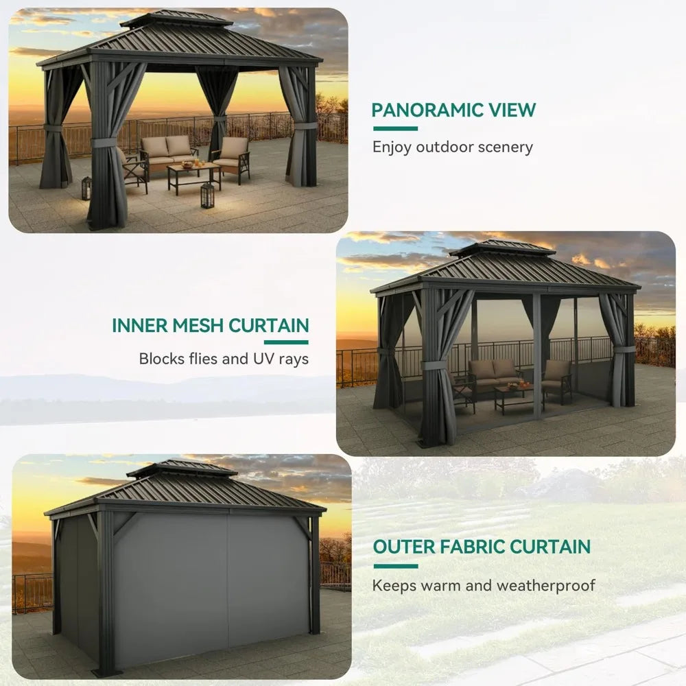 10x12ft Hardtop Gazebo Heavy Duty Outdoor Canopy with Curtains and Netting
