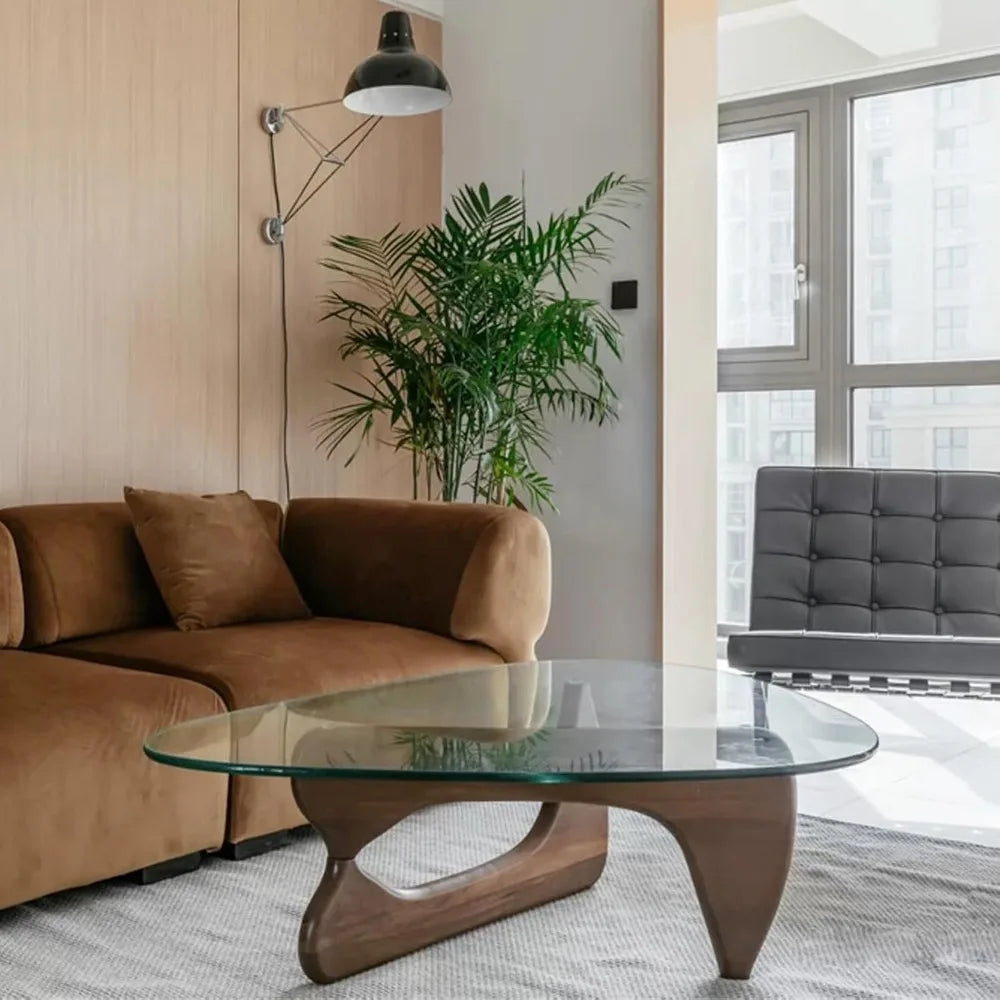 Triangular Glass Coffee Table with Wooden Base Mid-Century Modern Style