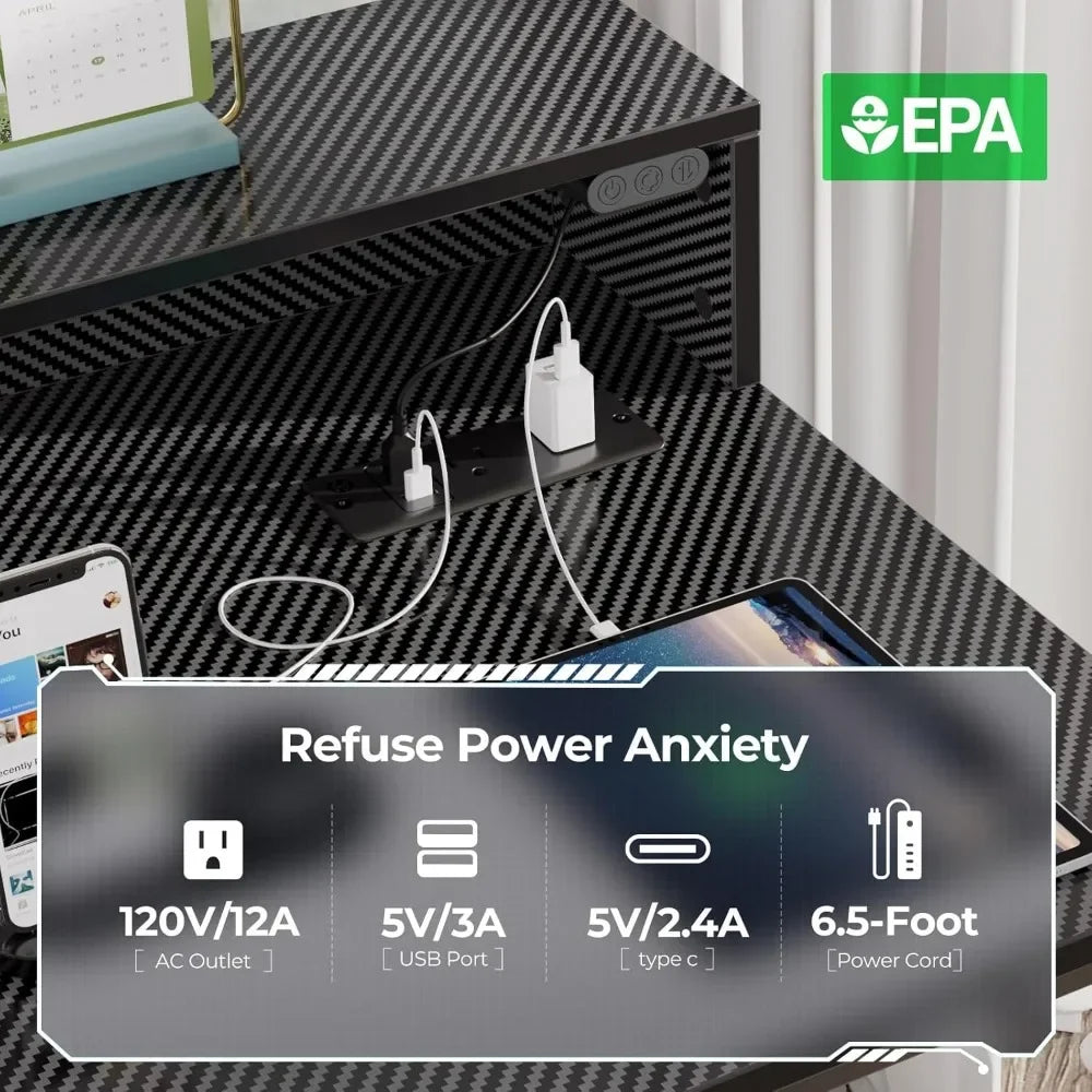 Ljustra 54" Computer Desk with LED Lights Power Outlets Gaming Desk