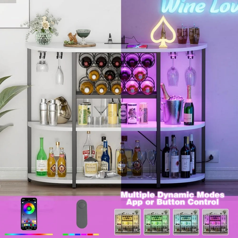 Wine Bar Cabinet Freestanding 4-Tier Storage with Lights and Outlet