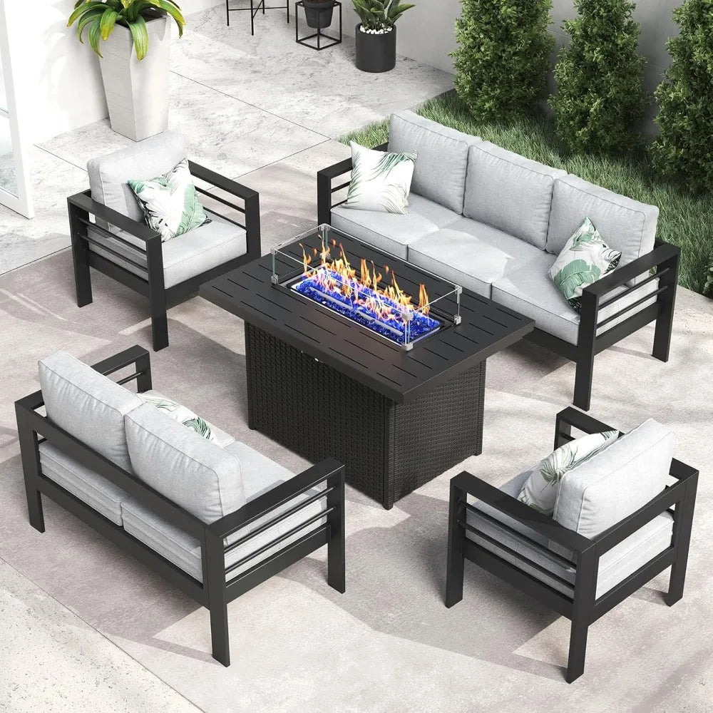 Aluminum Patio Furniture Set with Fire Pit Table 5 Pieces Modern Sofa