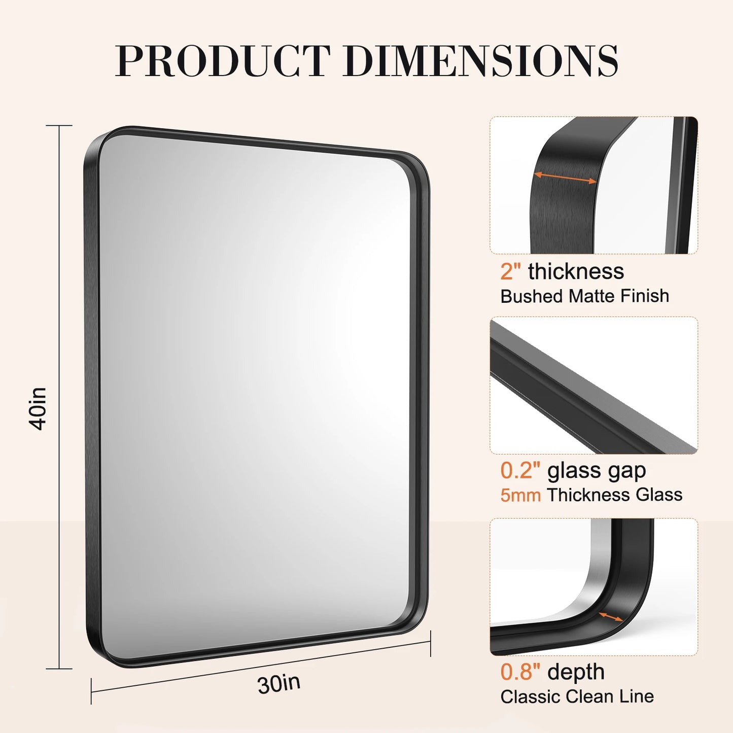Matte Metal Framed Bathroom Mirror Rounded Corner Tempered Glass