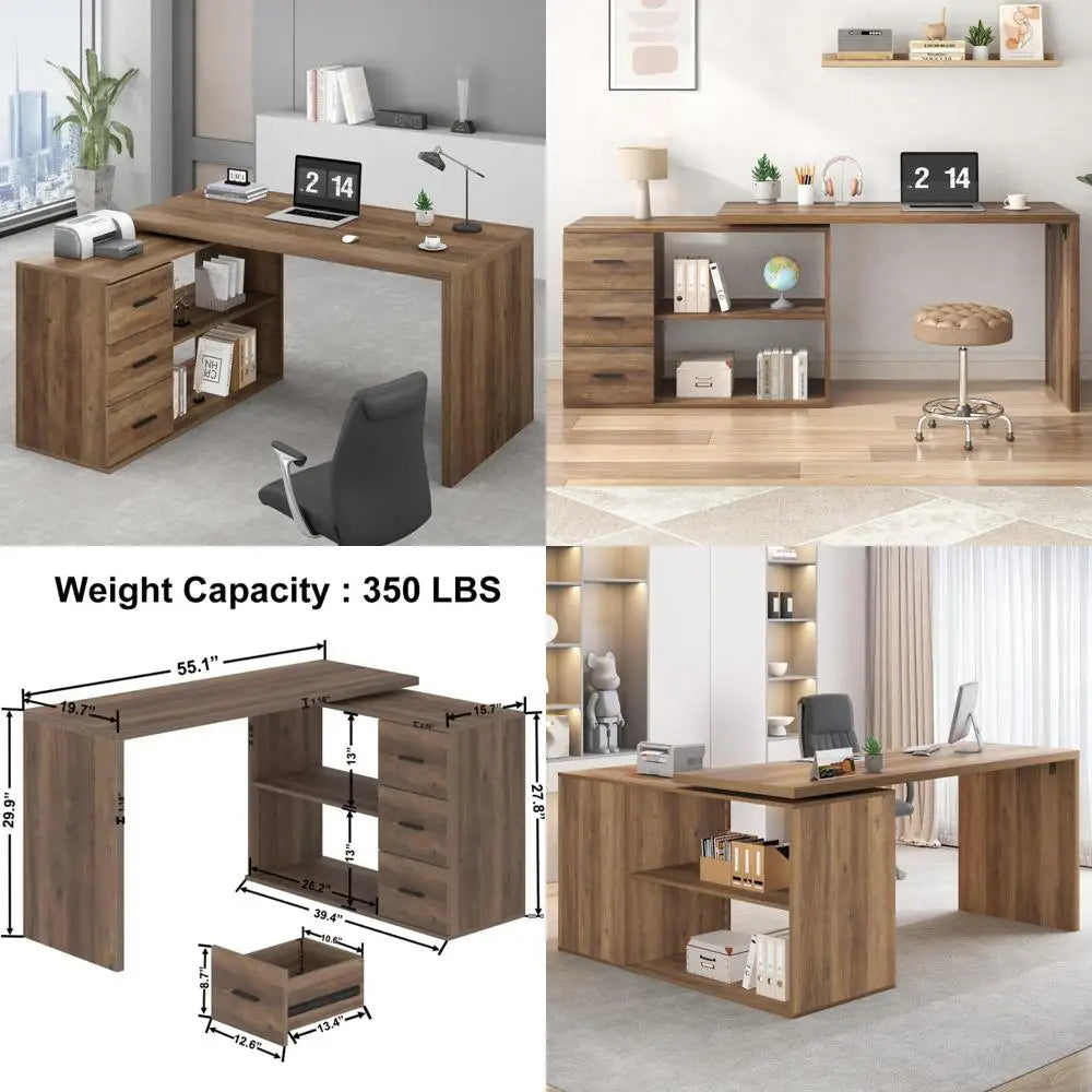 Large Corner Industrial Wood Desk with Storage for Home Office