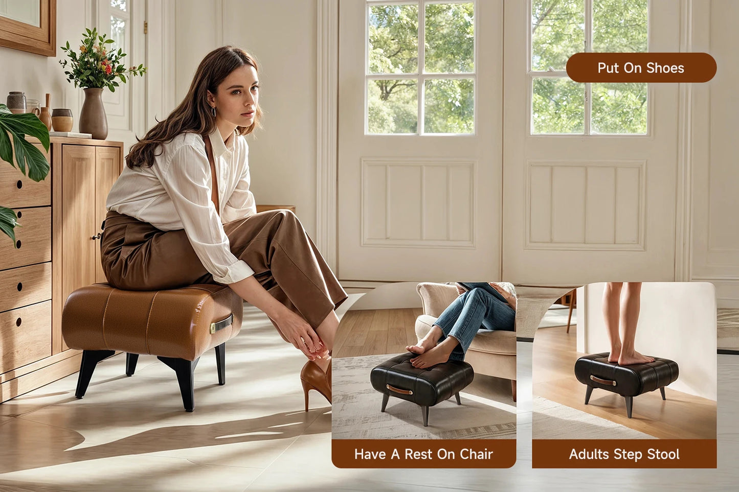 Vintage Waxed Leather Entryway Bench Luxury Ottoman Multifunctional Stool