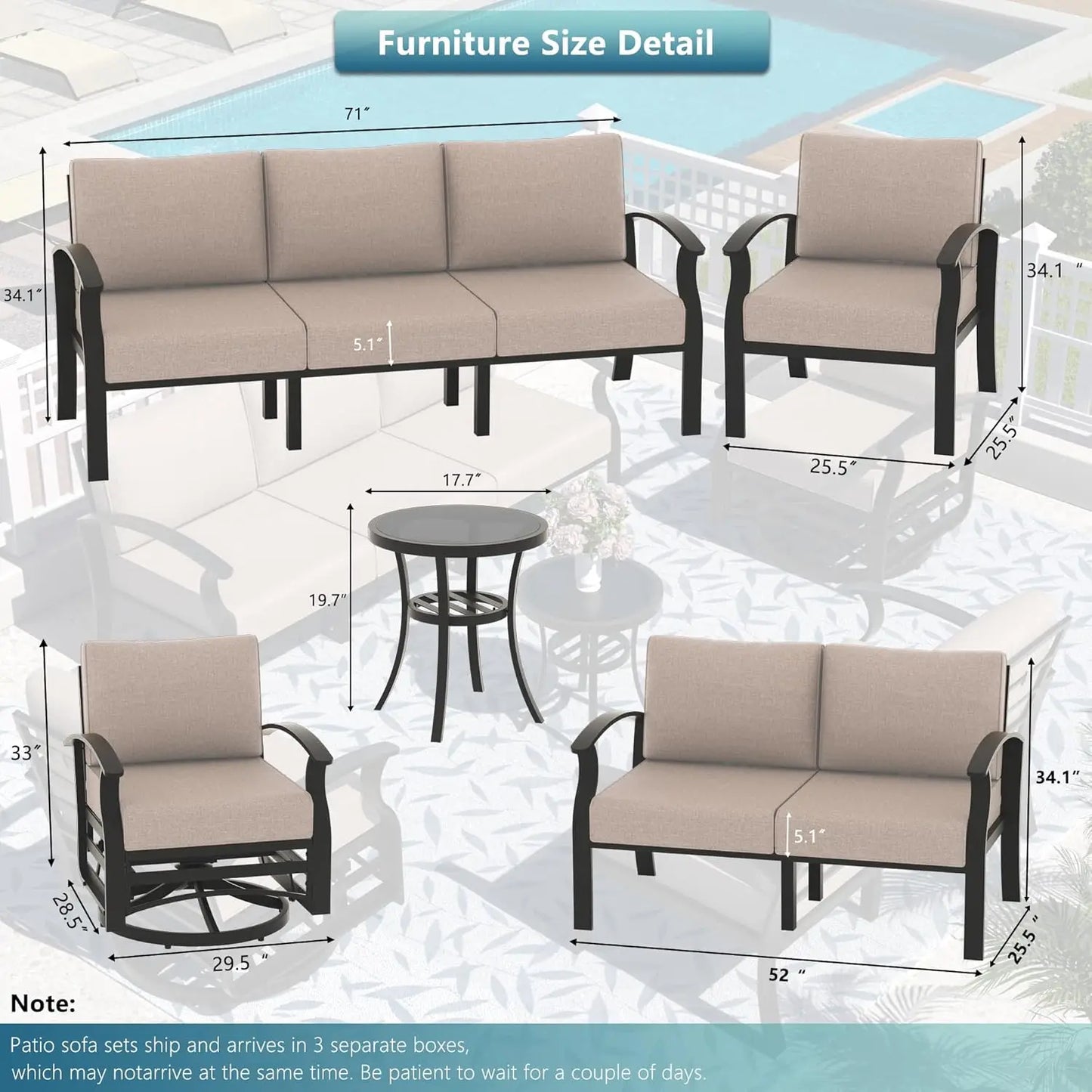 Ljustra Aluminum Patio Furniture Set Fire Pit Table Swivel Chairs Sofa