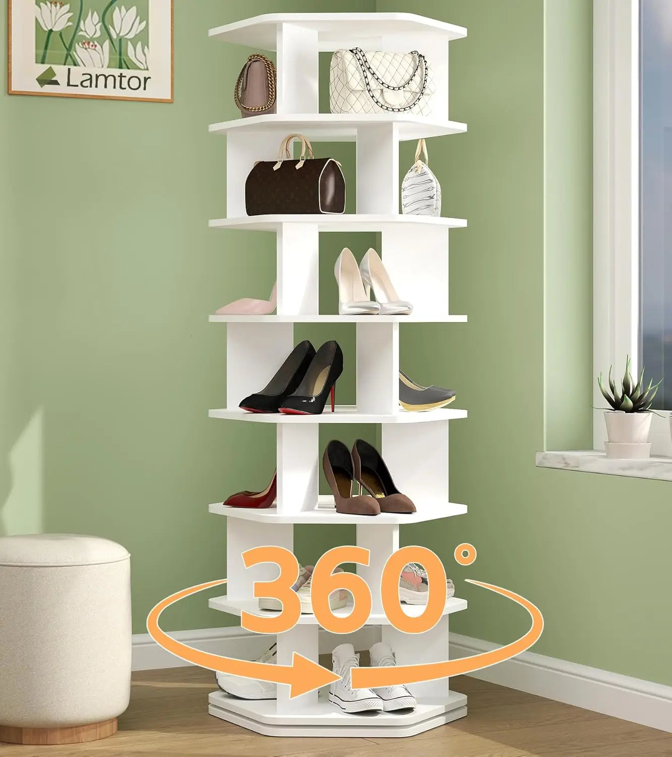 7 Tier Rotating Shoe Rack Wooden Spinning Organizer 360 Storage Tower