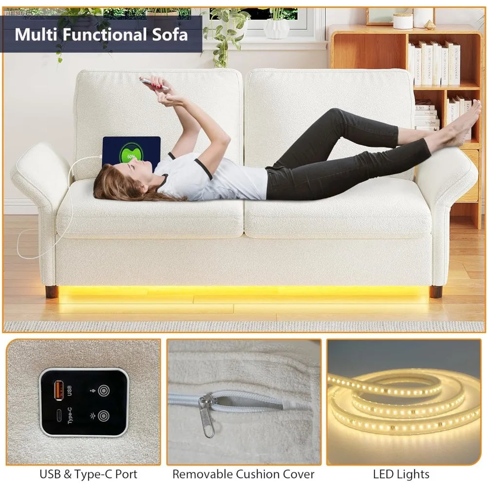 Mini Couch for Bedroom Small Loveseat Sofa 60 Inch with USB LED Light