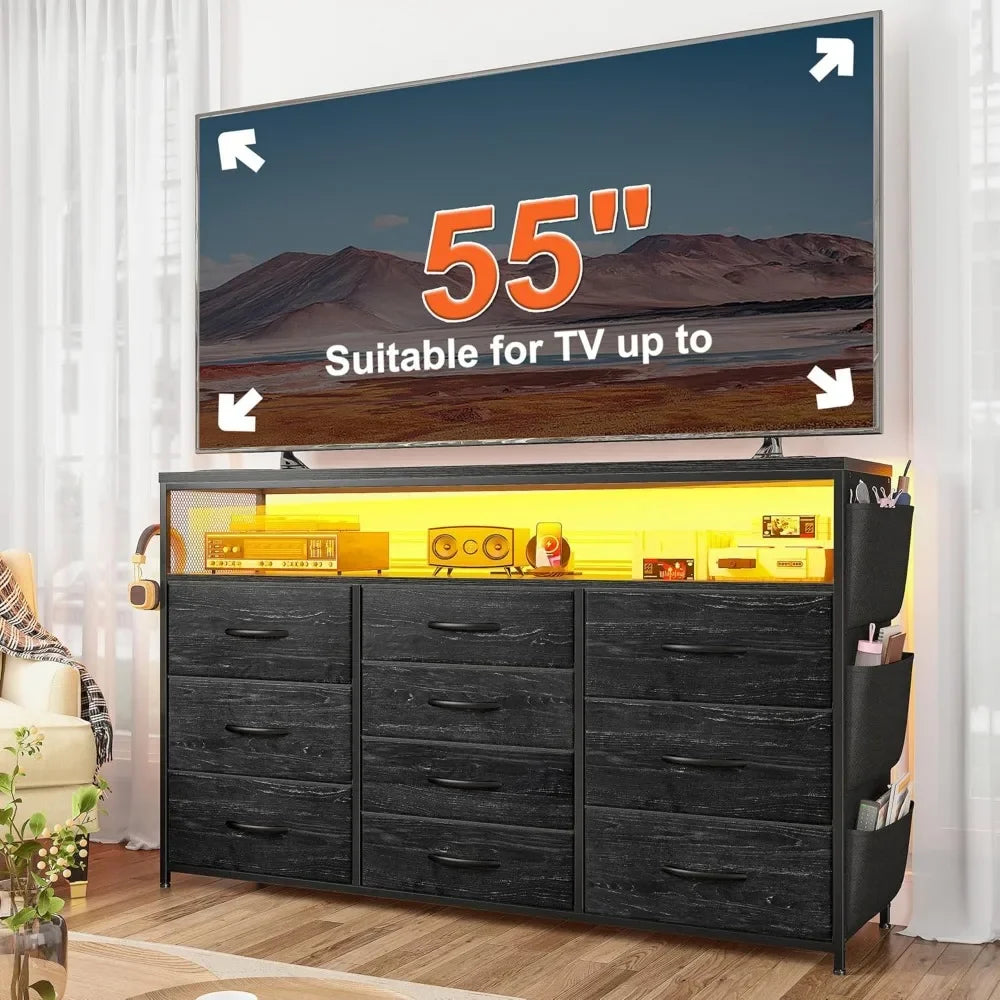 Dresser TV Stand with 10 Drawers LED Lights & Power Outlets for 55" TV