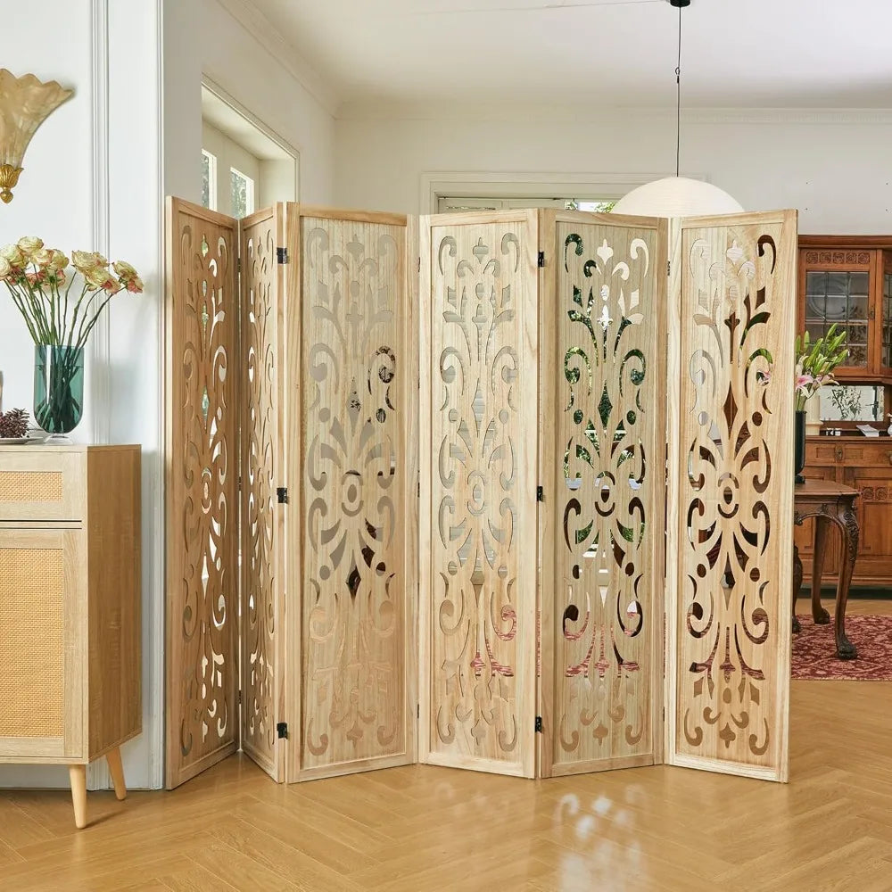 5.6Ft Room Divider Folding Wood Carved Partition Screen 6 Panels