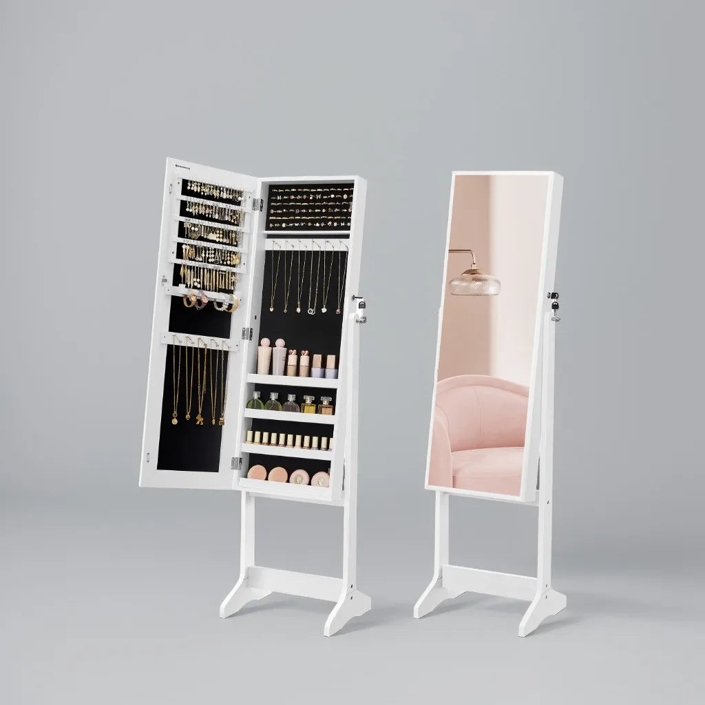Lockable Jewelry Cabinet Full-Length Mirror 360° Rotatable Storage